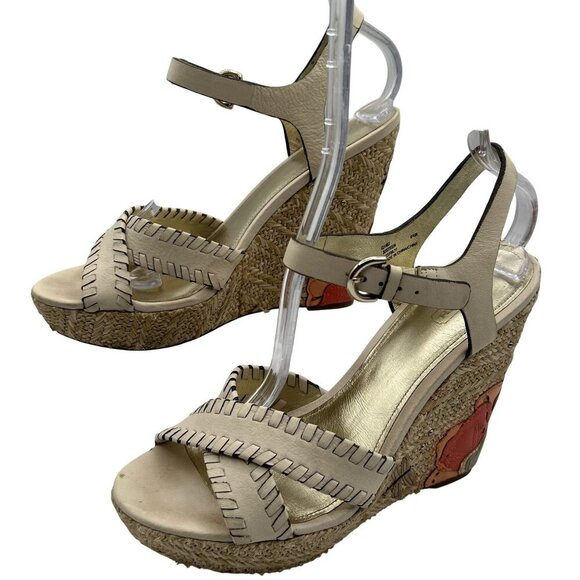 Coach Justeen 9.5 Butterfly Floral Design Woven Espadrille Wedge Leather Sandals - Picture 2 of 16
